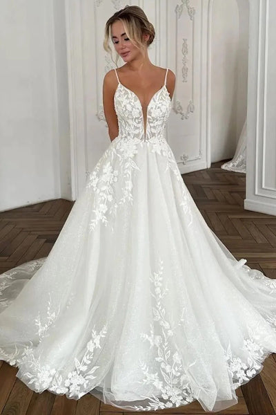 Charming A Line V Neck Tulle Long Wedding Dresses with Appliques VK23061203