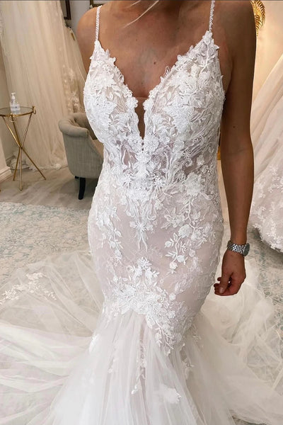 Stunning Mermaid V Neck Tulle Lace Wedding Dresses VK23082505