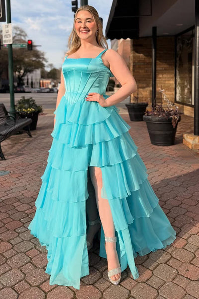 A-Line Square Neck Ruffle Tiered Chiffon Prom Dresses with Slit VK26012708