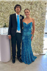 Mermaid Strapless Blue Sequins Long Prom Dresses VK24021803