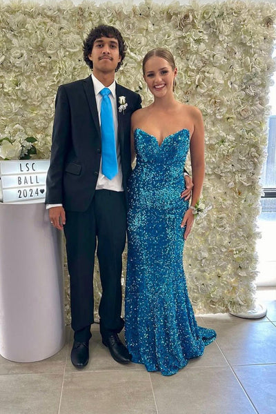 Mermaid Strapless Blue Sequins Long Prom Dresses VK24021803