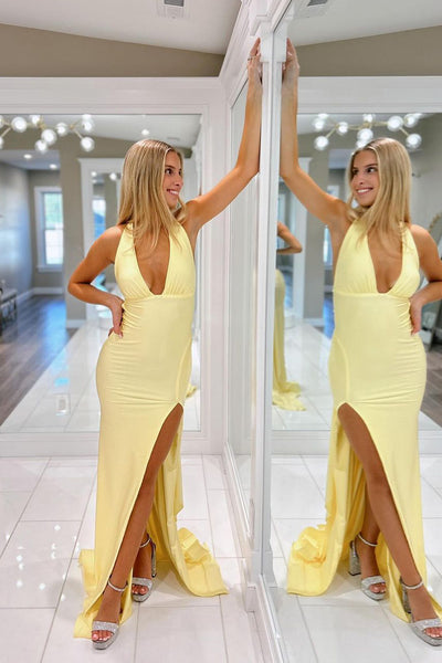 Charming Mermaid Deep V Neck Yellow Satin Long Prom Dresses with Slit VK24101007