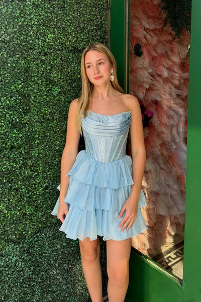 Cute A Line Strapless Light Blue Chiffon Short Homecoming Dress VK26031110