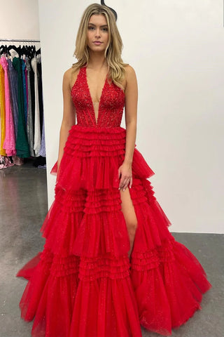 Red Tulle Appliques Halter Ruffle Tiered Ball Gown VK23122705