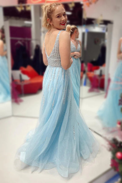 A-Line V Neck Light Blue Sparkly Long Prom Dresses VK23091003