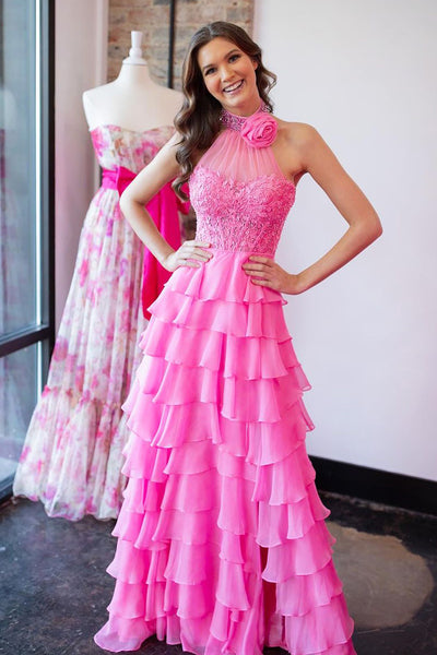 Pink Halter Tiered Chiffon Long Prom Dresses with Appliques VK24012205