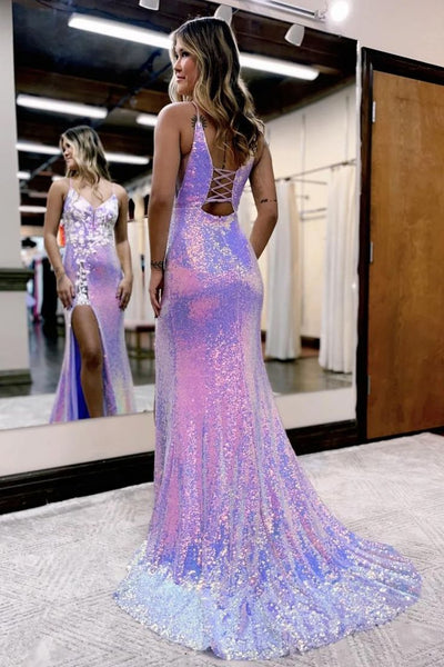 Charming Mermaid V Neck Lavender Sequins Long Prom Dresses with Appliques VK23052507
