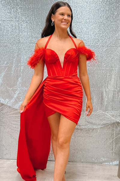 Red Halter Ruching Homecoming Dress with Attached Train VK23070605