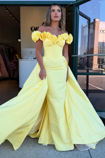 Mermaid Off the Shoulder Yellow Satin Long Prom Dresses VK25040103