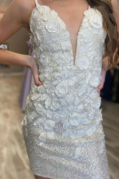Tight White Sequined Short Homecoming Dress with Flowers VK23091908