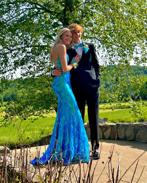 Sparkly Mermaid V Neck Blue Sequins Lace Long Prom Dresses VK23052106