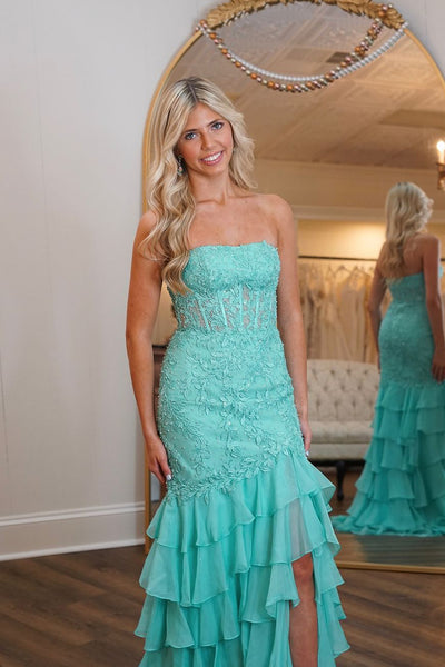 Cute Mermaid Strapless Mint Chiffon Prom Dresses with Appliques VK24112201