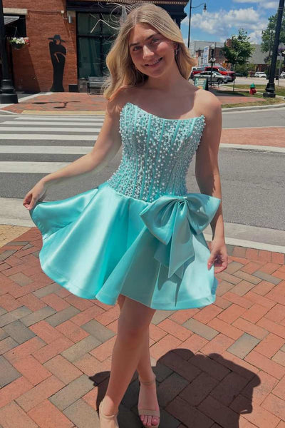 A-Line Strapless Beads Empire-Waist Short Homecoming Dress with BowVK26070113