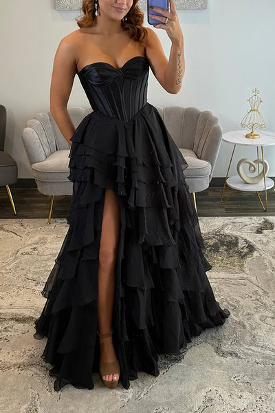 Classic Ball Gown Strapless Black Chiffon Ruffle Tiered Prom Dresses with Slit VK26010706