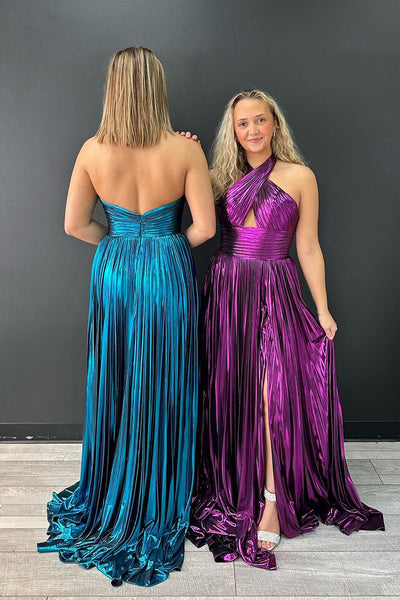 Purple Halter Pleated Satin A-Line Prom Dress with Slit VK24030504