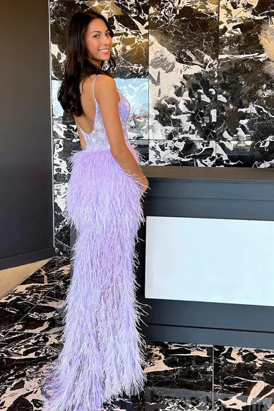 Sheath Spaghetti Straps Light Purple Long Prom Dress with Feather VK23092309