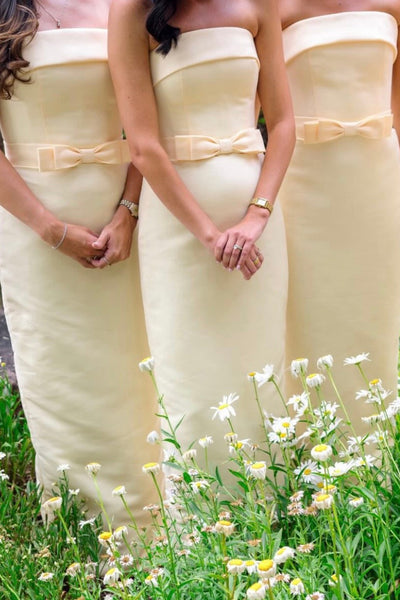 Simple Sheath Strapless Light Yellow Satin Long Bridesmaid Dresses with Bow VK26103004