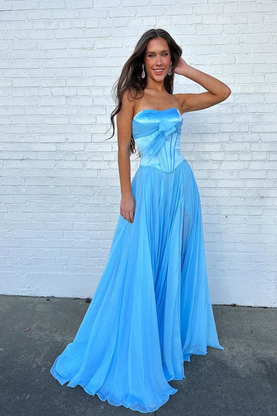 Cute A Line Sweetheart Blue Chiffon Prom Dress with Bow VK5111408