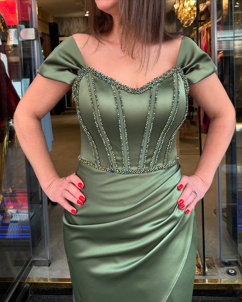 Mermaid Sage Green Satin Beaded Evening Dresses V Neck Corset Prom Dresses Bridesmaid Dresses VK25101408