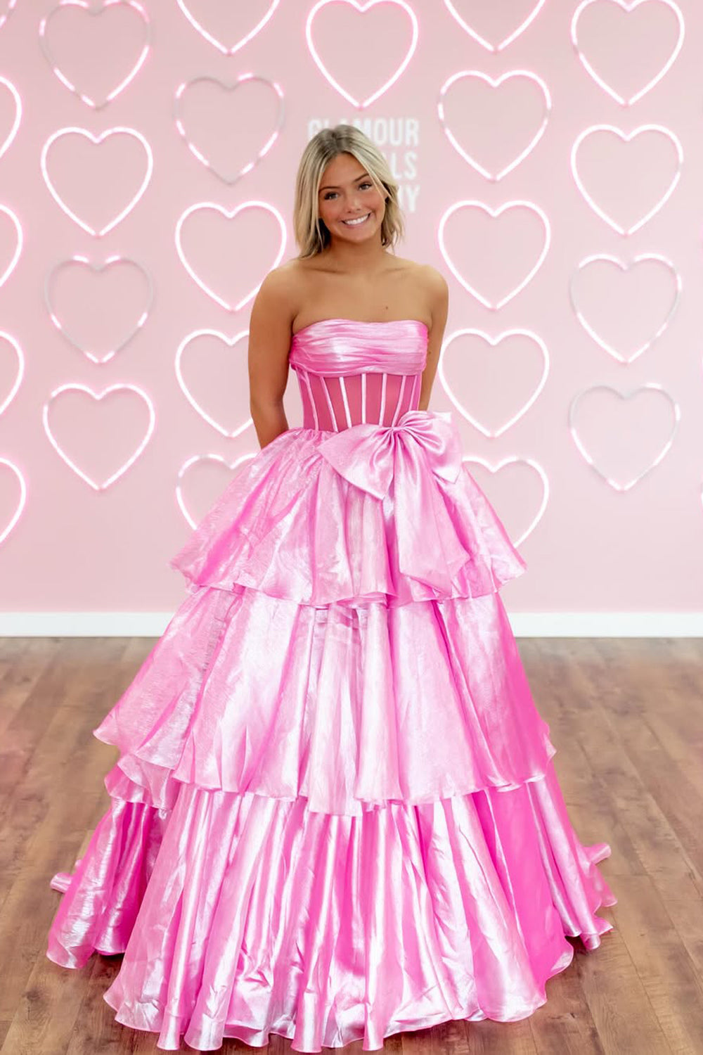 Ball Gown Strapless Pink Organza Ruffle Tiered Long Prom Dresses with Bowknot VK25032503
