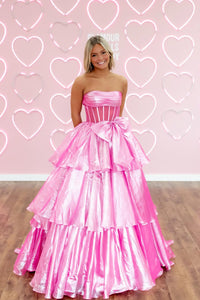 Ball Gown Strapless Pink Organza Ruffle Tiered Long Prom Dresses with Bowknot VK25032503