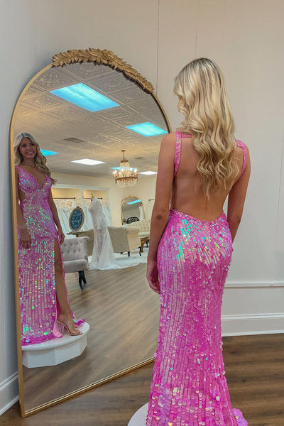 Pink Sequins V Neck Mermaid Backless Long Prom Dress VK23122502