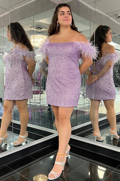 Sparkly Lilac Sequins Tight Short Homecoming Dress with Feathers VK23062402