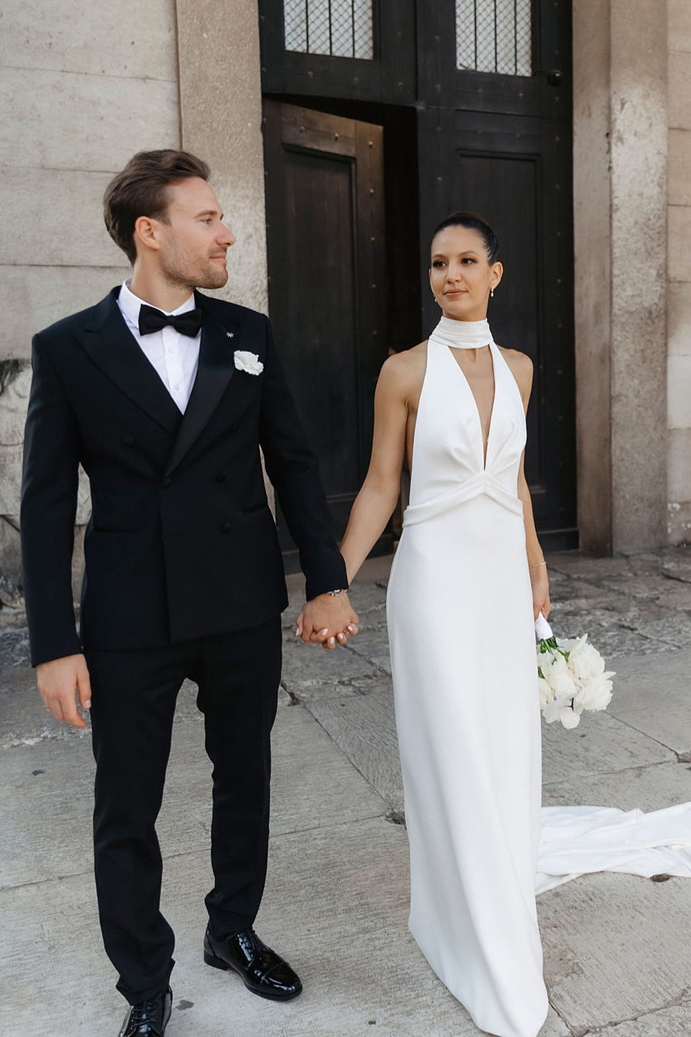 Charming Mermaid V Neck Halter Neck Satin Wedding Dress VK25060905