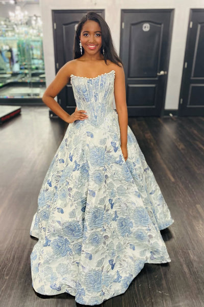 Cute A Line Scoop Neck Grey Light Blue Floral Satin Prom Dress