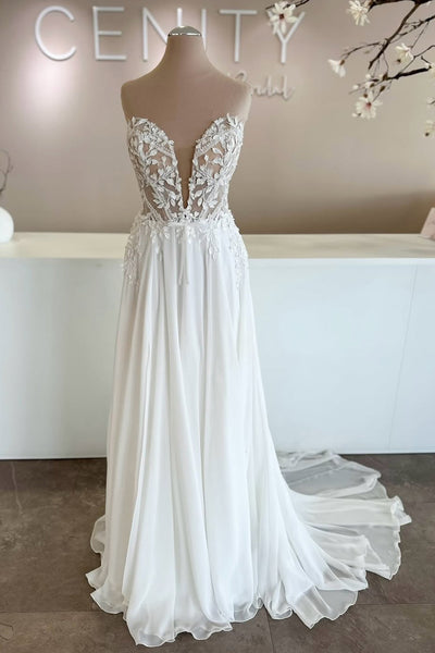 A Line Deep V Neck Chiffon Beach Wedding Dress with Appliques VK26060816