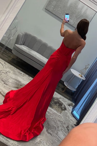 Mermaid Strapless Keyhole Red Satin Long Prom Dress with Slit VK021312