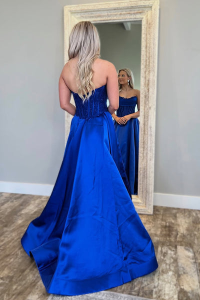 A-Line Strapless Royal Blue Satin Long Prom Dresses with Pockets VK25031504