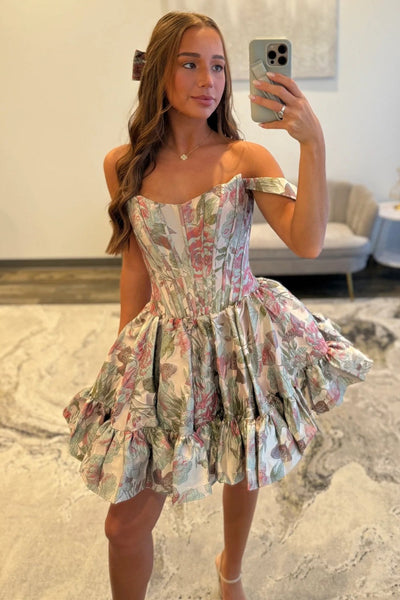 Lovely A-Line Off the Shoulder Pink Floral Printed Short Homecoming Dresses VK25092607