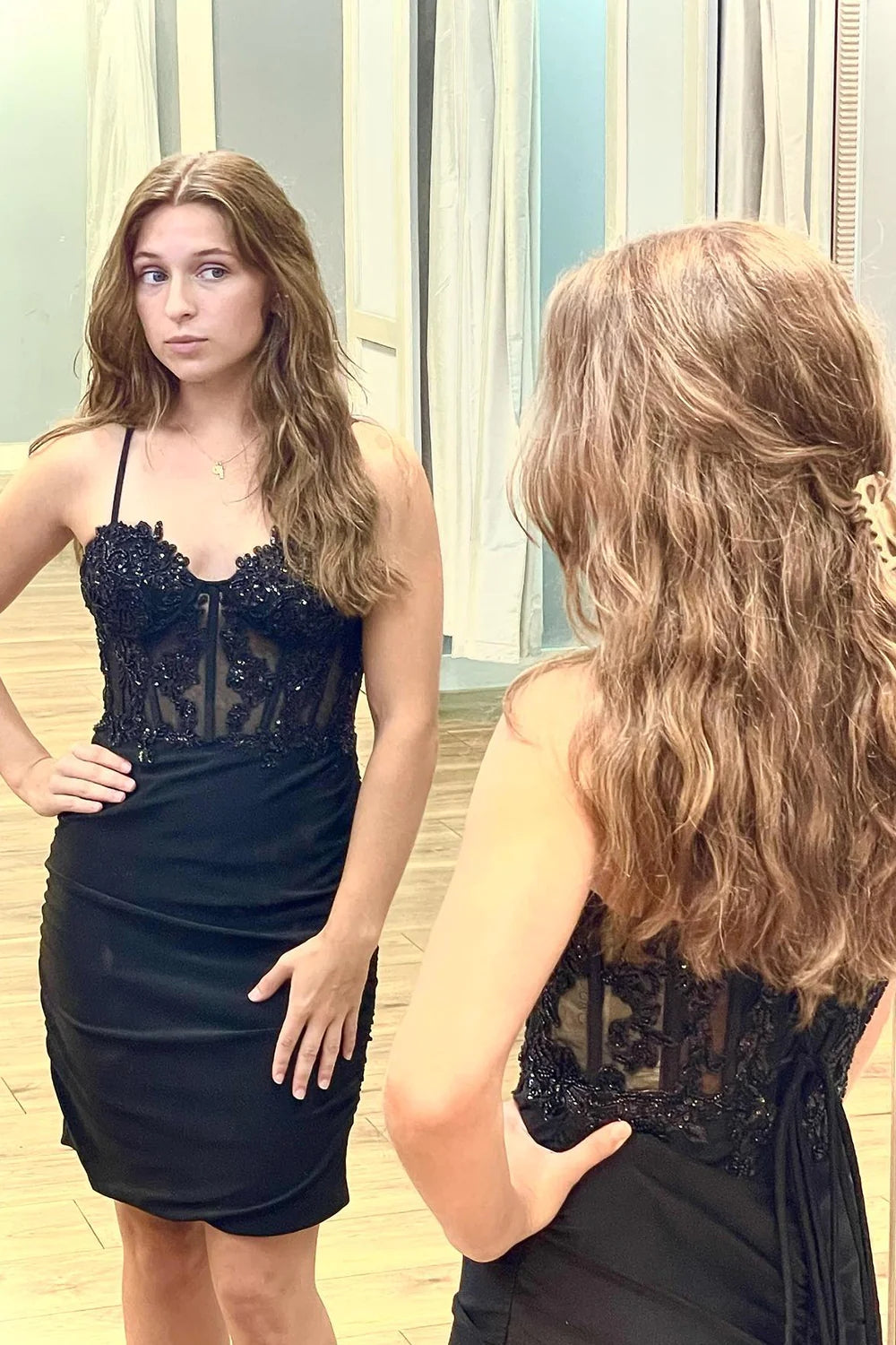 Sparkly Black Corset Spaghetti Straps Tight Short Homecoming Dress with Lace VK23090502
