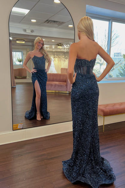 Stunning Mermaid Strapless Navy Sequins Long Prom Dresses with Slit VK26020705