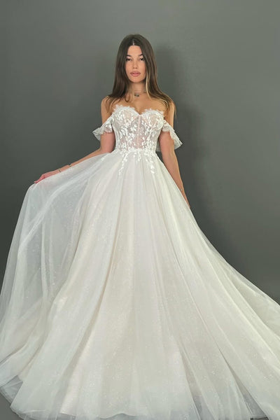 Fairy A-Line Off the Shoulder Tulle Wedding Dress with Appliques VK25121107