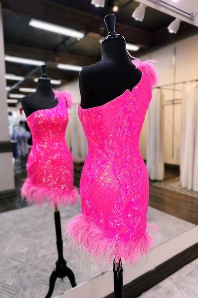 Unique Bodycon One Shoulder Hot Pink Sequins Lace Short Homecoming Dresses with Feather VK23081203