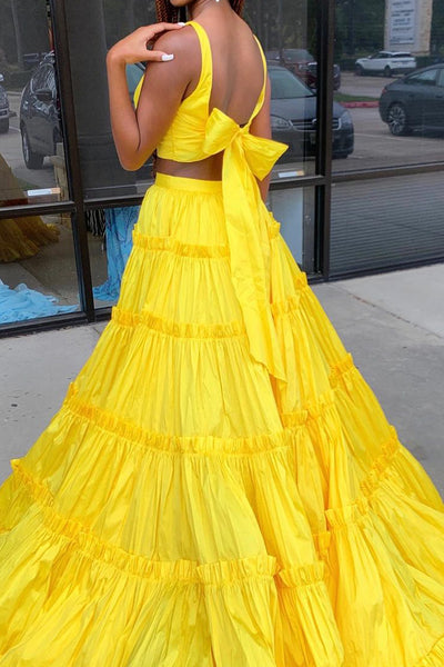 Chic Two Piece Yellow Satin Long Prom Dress with Bow Tie VK23122304