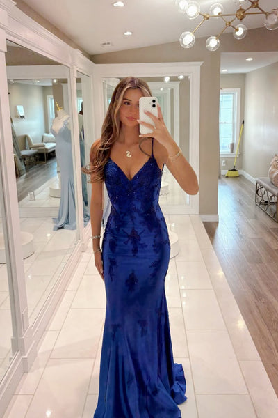 Attractive Mermaid Spaghetti Straps V Neck Royal Blue Satin Long Prom Dresses with Appliques VK26020209