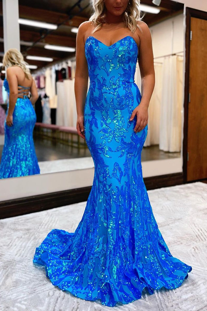 Blue Sequin Lace Sweetheart Mermaid Long Prom Dresses VK23092501