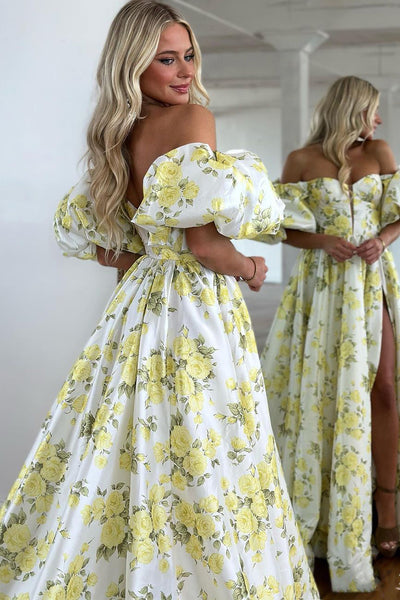 Chic A-Line Strapless Floral Print Satin Long Prom Dresses with Sleeves VK24010301