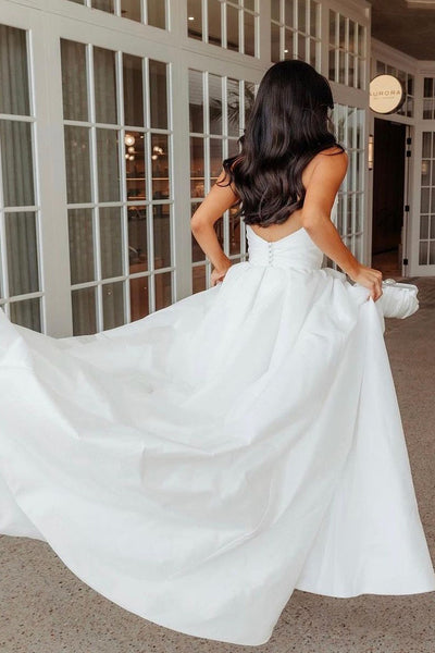 A-Line White Satin Strapless Wedding Dresses with Slit VK23111601