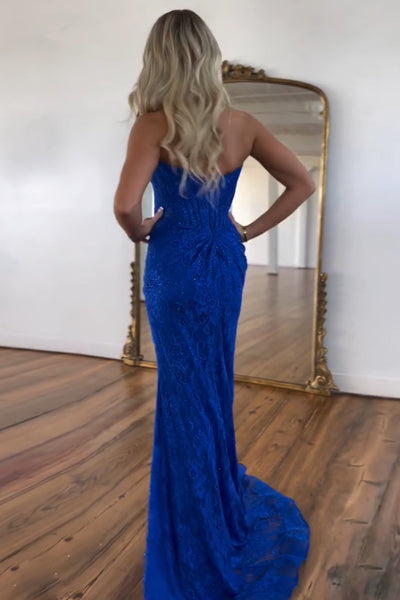 Charming Mermaid Scoop Neck Pink Lace Long Prom Dresses with Slit VK24102011