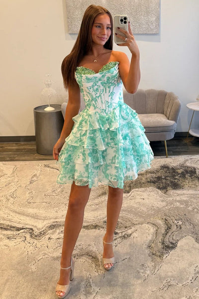 A-Line Sequin Sweetheart Mint Green Floral Ruffle Tiered Corset Short Homecoming Dresses VK25092412