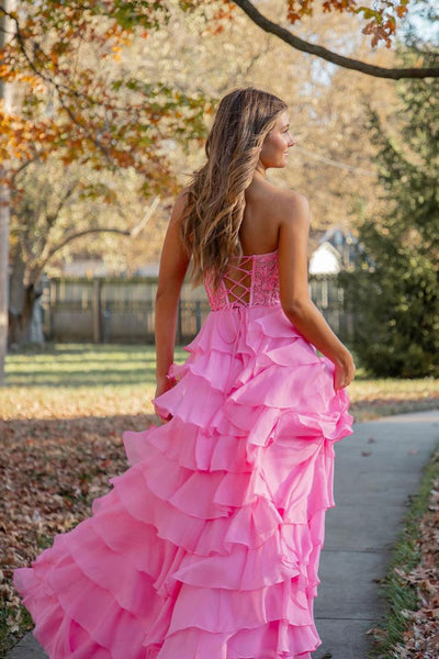 Pink Sweetheart Tiered A-Line Long Prom Dress with Appliques VK23121702
