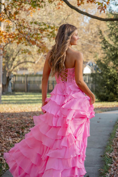Yellow Strapless Tiered A-Line Long Prom Dress with Appliques VK23121701