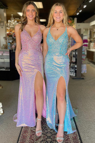 Pink V Neck Sequin Appliques Mermaid Long Prom Dresses VK24022105
