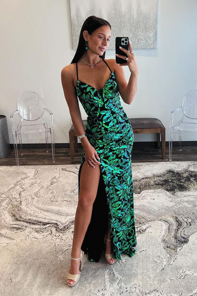 Dark Green V Neck Sequins Mermaid Long Prom Dresses with Slit VK24040702