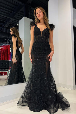 Black V Neck Sequin Lace Mermaid Long Prom Dresses VK24020504
