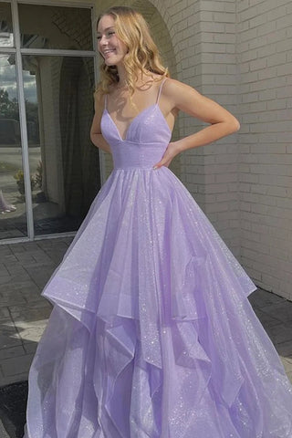 A Line Spaghetti Straps Lilac Long Prom Dress with Ruffles VK23101007